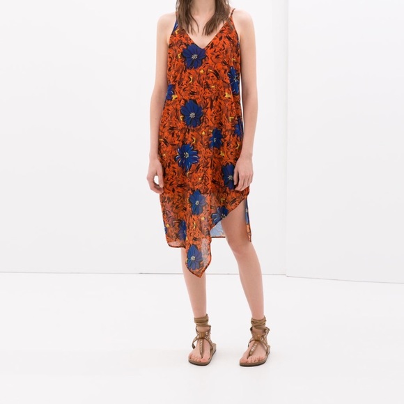 ZARA collection orange/blue floral dress medium - Picture 2 of 7